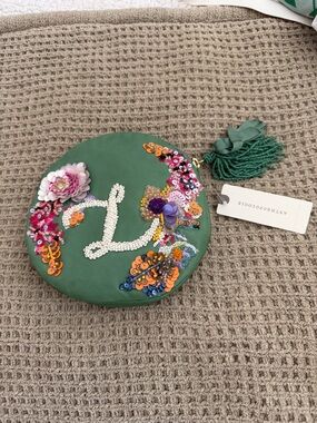Anthropologie Green Embellished Floral Bead Tassel Coin Purse L initial